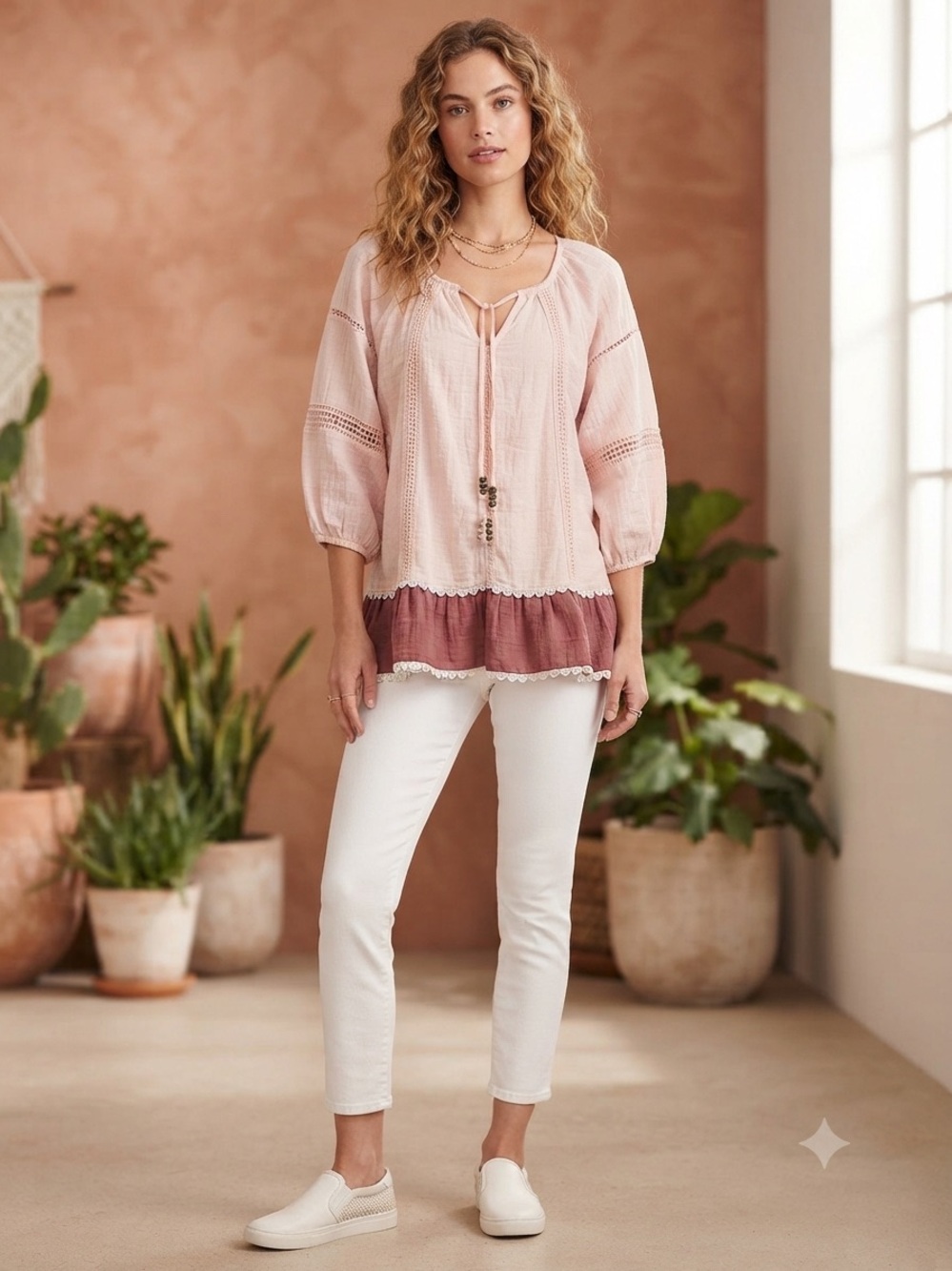 Light Pink Boho Peasant Top with Mauve Ruffle